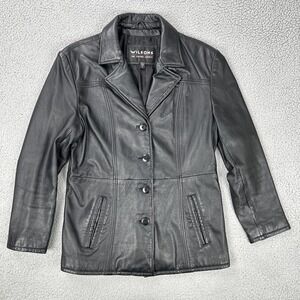 Wilson's Genuine Leather Button Up Jacket Women Black Medium Lined‎ Coat Pockets